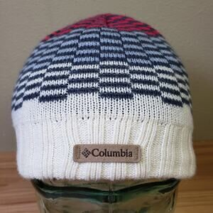 Columbia Youth Checkerboard Skull Beanie Cap Red Blue Cream Fleece‎ Lined Winter